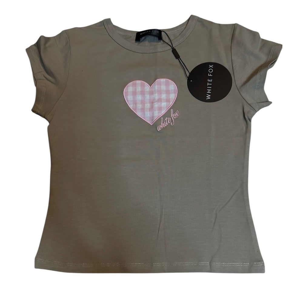White Fox Boutique Gingham Heart Baby Tee Taupe Grey Pink Embroidered NWT Small